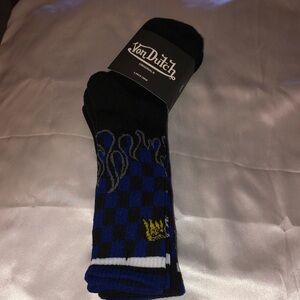 Von Dutch 3 Pair Black Crew Socks Checkered, Logo, Flame & Flying Eye OS NWT